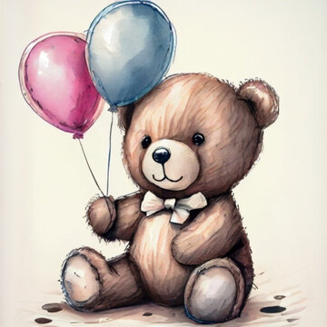 Teddy bear birthday party with balloons pencil illustration 