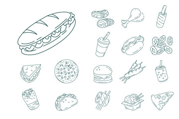 line fast food icons set. Unhealthy food and drinks set