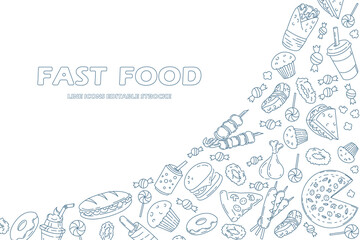 Banner of Set fast food doodles or line icons doodles on white. menu or food package design. Vector illustration. Editable strocke