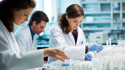 Fototapeta premium Young and intelligent brunette female pharmacist in product research laboratory precisely dosing and mixing various fluid liquids