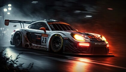 racing car speeding at night in the rain