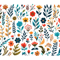 A colorful vectorized botanical, and floral elements including flowers, herbs, leaves, buds, and foliage