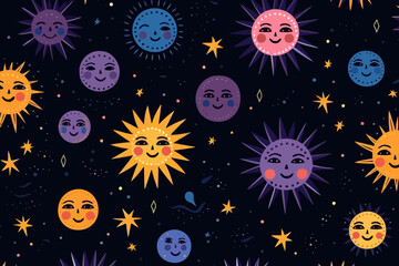 Solar eclipses quirky doodle pattern, wallpaper, background, cartoon, vector, whimsical Illustration