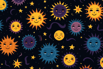 Solar eclipses quirky doodle pattern, wallpaper, background, cartoon, vector, whimsical Illustration