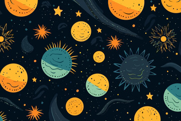 Solar eclipses quirky doodle pattern, wallpaper, background, cartoon, vector, whimsical Illustration