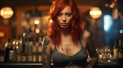 Obraz na płótnie Canvas Young woman working as a bartender, red ginger hair, some tattoos, looks a bit cheeky. Blurred alcoholic beverages background