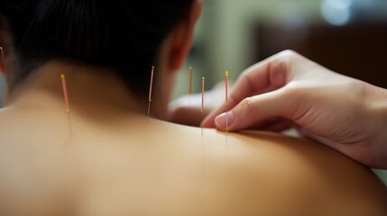 Acupuncture treatment - thin needles on person back skin, closeup detail - obrazy, fototapety, plakaty