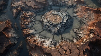 Aerial view of large surface mine, circular hole in ground - natural resources mining concept