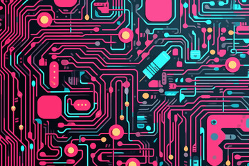 Circuit board texture quirky doodle pattern, wallpaper, background, cartoon, vector, whimsical Illustration