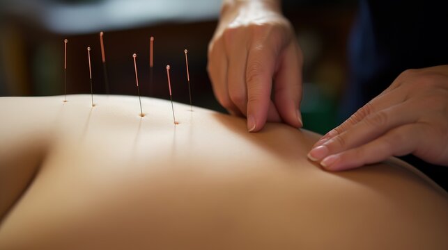 Acupuncture treatment - thin needles on person back skin, closeup detail