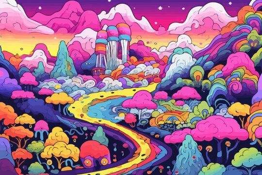 Video game landscape quirky doodle pattern, wallpaper, background, cartoon, vector, whimsical Illustration