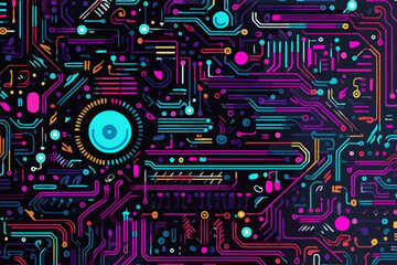 Circuit board texture quirky doodle pattern, wallpaper, background, cartoon, vector, whimsical Illustration