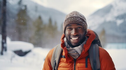 Fototapeta na wymiar African American man in warm clothes with blurred snow covered landscape background. Winter hiker or cross country skier