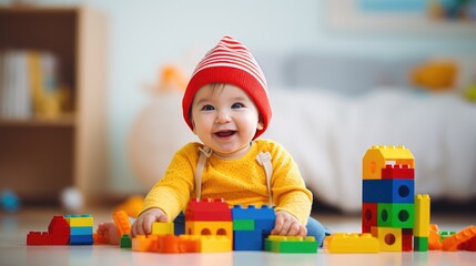 Building Blocks Joy - Happy Toddler Playing with Constructor Toys, Cheerful Family Moments, Copy Space