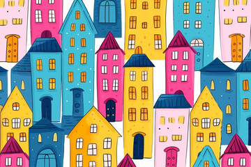 Multifamily properties quirky doodle pattern, wallpaper, background, cartoon, vector, whimsical Illustration
