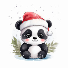 Kawaii cute panda cartoon christmas water color style on white background