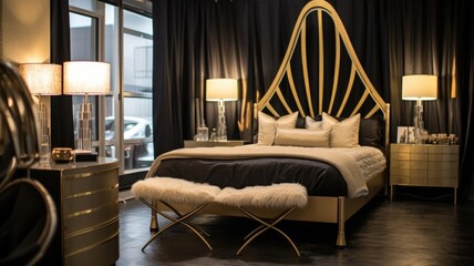 Bedroom decor, home interior design . Art Deco Glamorous style with Statement Mirror decorated with Metal and Velvet material . Generative AI AIG26.