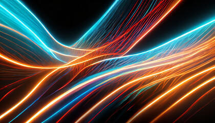 Fototapeta na wymiar d render. Abstract neon wallpaper. Glowing dynamic lines over black background. Light drawing trajectory