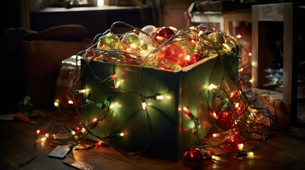 A box full of tangled and colorful fairy lights and other christmas ornaments and decorations