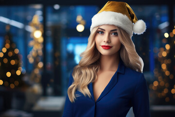 Woman in blue shirt and golden santa hat at office, christmas lights on background
