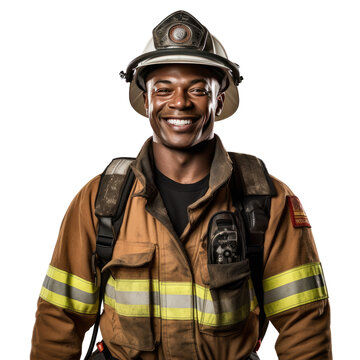 Black male firefighter standing up, body view, smiling