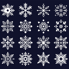 Beautiful flat snowflakes, crystal winter snowflakes, Christmas snow shapes, and frosted cool icon vector symbol set