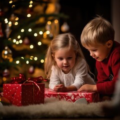 Fototapeta na wymiar Children opening Christmas presents