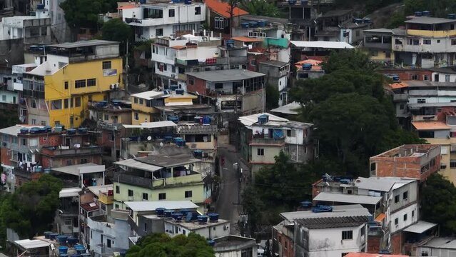 Aerial view of Vidigal, a favela along the coastline with high density population, Rio de Janeiro, Brazil.
