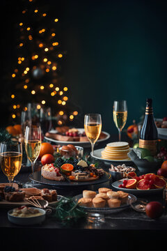 Festively set table with glasses, champagne and snacks. Christmas tree with bokeh on dark background