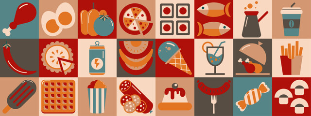  Set of colorful icons related to food and drinks. Abstract food and drink geometric pattern. Mosaic style. Collection of food icons. Vector illustration