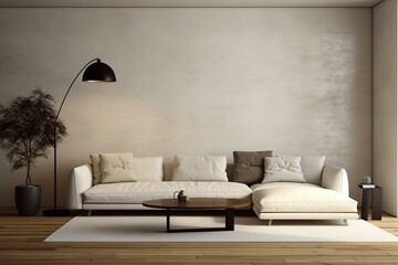modern living room design with a plaster wall and wooden floor, white sofa, floor lamp, and coffee table. Generative AI - obrazy, fototapety, plakaty