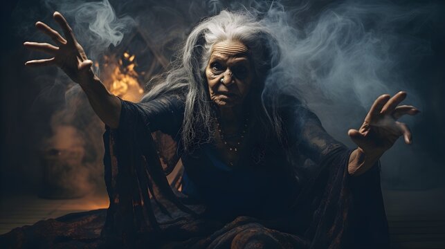 The old witch  in dynamic pose dark room, smoke Fairy tales on Halloween.