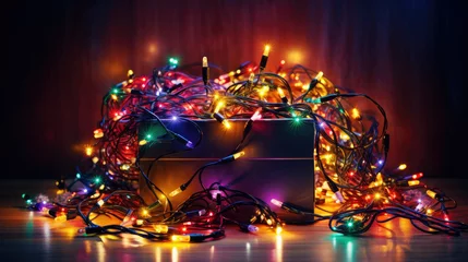 Foto op Plexiglas A box full of tangled and colorful fairy lights and other christmas ornaments and decorations © Franziska