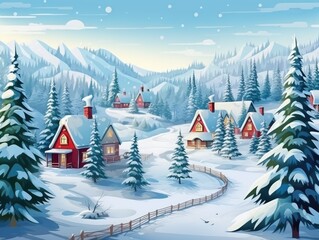 Winter landscape with snow covered fir trees and houses. Vector style illustration. Generative Ai