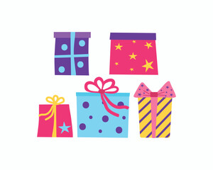 Gifts in boxes. Doodle drawing. A set of gifts, options, variety. Holiday decor. New Year, Christmas, Birthday. Vector illustration, background isolated.