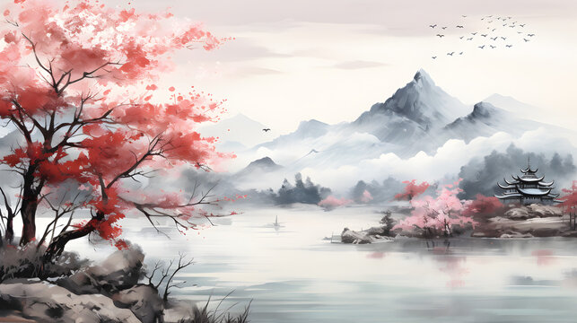 Mystical Journey, A Traditional Chinese Painting-style Landscape Immersed in Asian Cultural Illustration