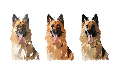 german shepherd dog head. Cute profile logo design, popular colors, breed pet character postcard art. Funny dog mascot. Detailed brown illustration. Cartoonish style shepherd pet, smiling head.