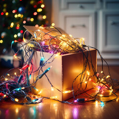A box full of tangled and colorful fairy lights and other christmas ornaments and decorations
