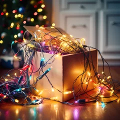 Fotobehang A box full of tangled and colorful fairy lights and other christmas ornaments and decorations © Franziska