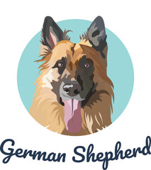 German shepherd dog logo design. Creative dog icon, 2 colors. Sticker on a white background. Cute Blue And White dog Drawing. Cartoonish style. Creative, funny greeting card. Simple shapes. Vet clinic