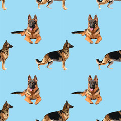 German shepherd sitting dog seamless pattern. Hand-drawn dog on a repeatable blue background. Cute Smiling abstract texture with spaniel Drawing. Cartoon style. Popular character. Holiday present.