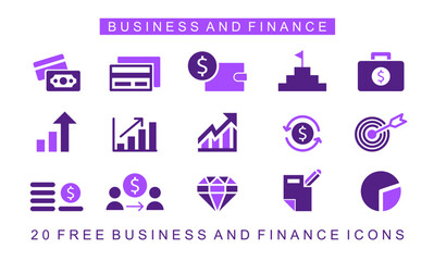 Collection of business and finance icons. Contains icons of cash, suitcase, wallet, money management, target, savings, business goals, budget, income and expenses. Flat icon collection.