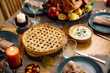 Thanksgiving pie on dining table.