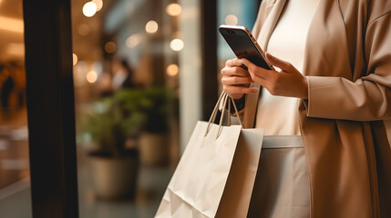Une femme sortant d'un magasin avec des sacs de shopping. Dans ses mains, un téléphone portable. - obrazy, fototapety, plakaty