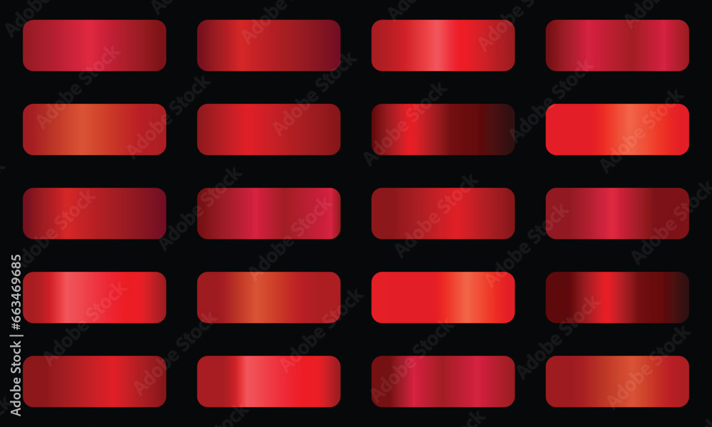 Poster abstract vector set of red metallic gradients. red gradient set on black background. swatches collec