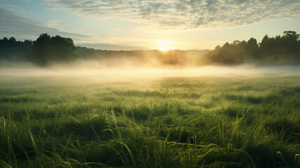 The sun rises above the horizon, casting a golden glow over rolling meadows shrouded in morning mist.