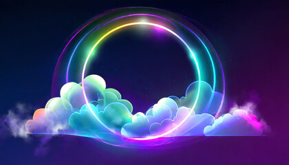 Obraz premium abstract cloud illuminated with neon light ring on dark night sky. Glowing geometric shape, round frame