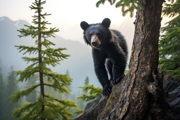 A black bear cub climbing a pine tree, surrounded by misty mountains