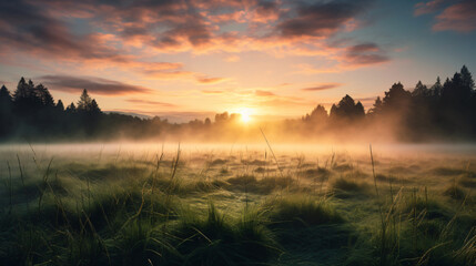 Fototapeta premium The sun rises above the horizon, casting a golden glow over rolling meadows shrouded in morning mist.