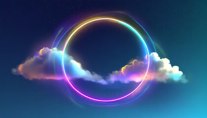 abstract cloud illuminated with neon light ring on dark night sky. Glowing geometric shape, round frame